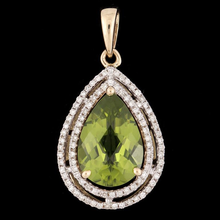 HÄNGE, 14k guld med droppslipad peridot och diamanter. 2000-tal. Vikt 3,6g.