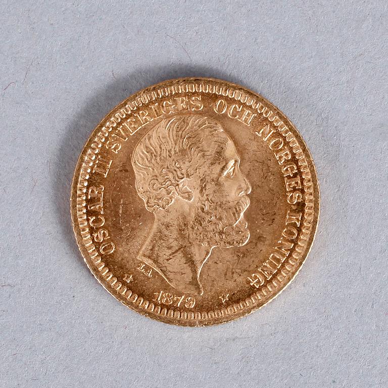 GULDMYNT, 20 kronor, Oscar II, 1879. Vikt ca 9 gram.