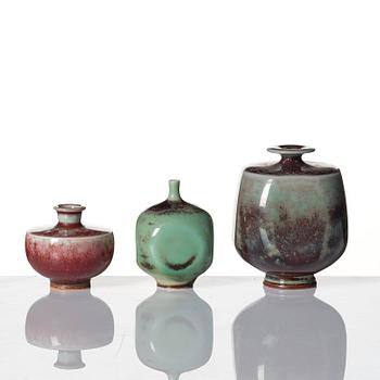 Berndt Friberg, a set of 6 stoneware vases and 3 bowls, Gustavsberg studio, Sweden 1944-47 and 1960-70s.