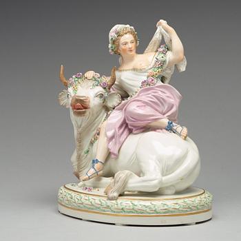 A Royal Copenhagen allegorical porcelain figure representing 'Europe and the Bull'. Denmark, 1920.