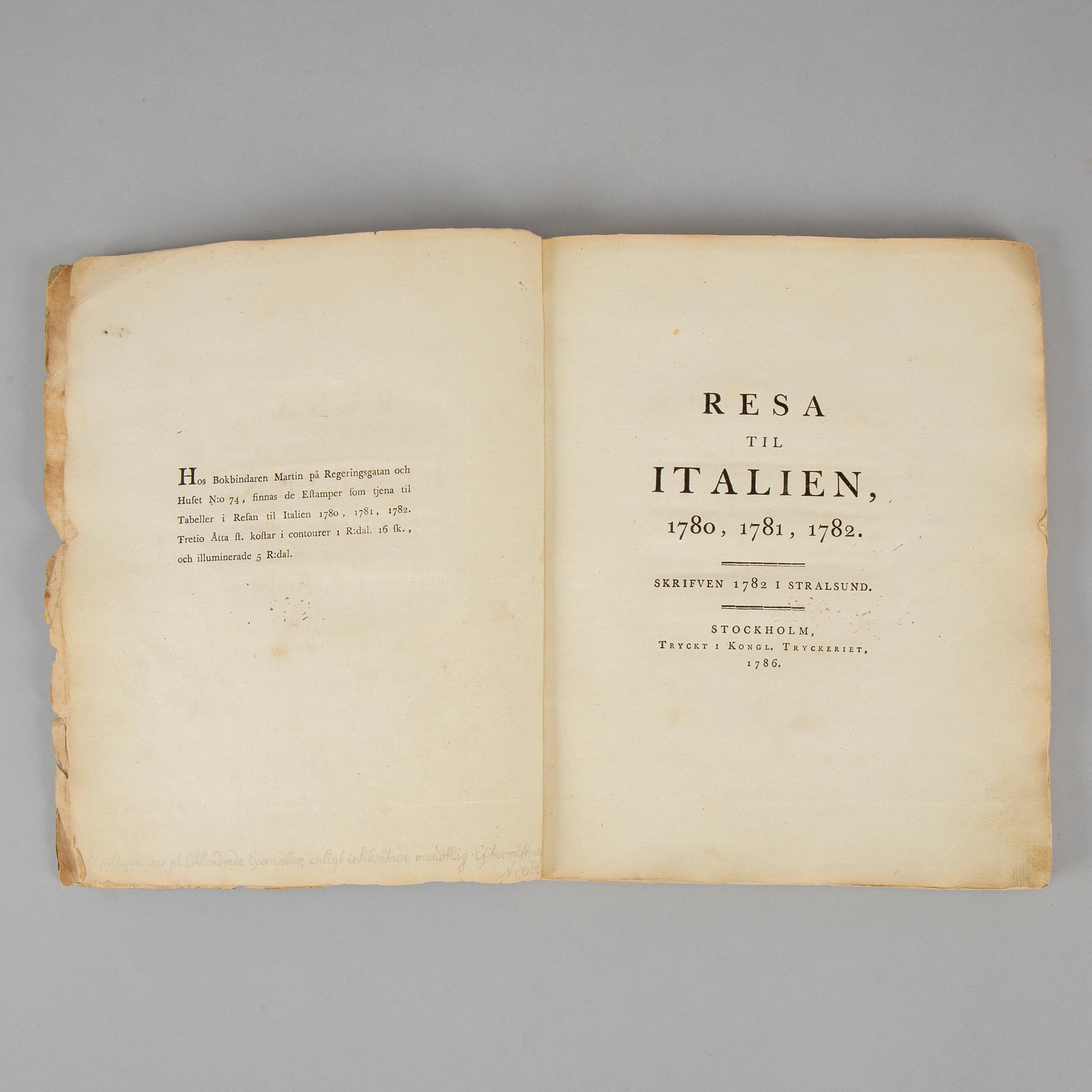 Extremely rare first edition of ”Journey to Italy” (1786).