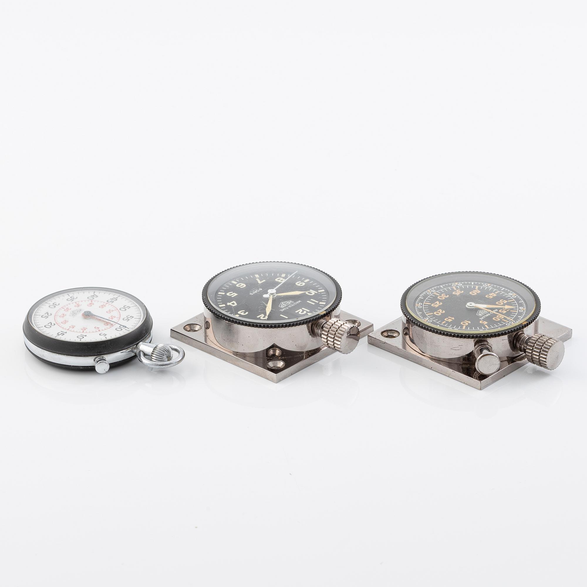 HEUER, three timing instruments, Auto-Rallye, Master-Time 8 Days and a stopwatch, "provenance from the Acropolis Rally 1966.".