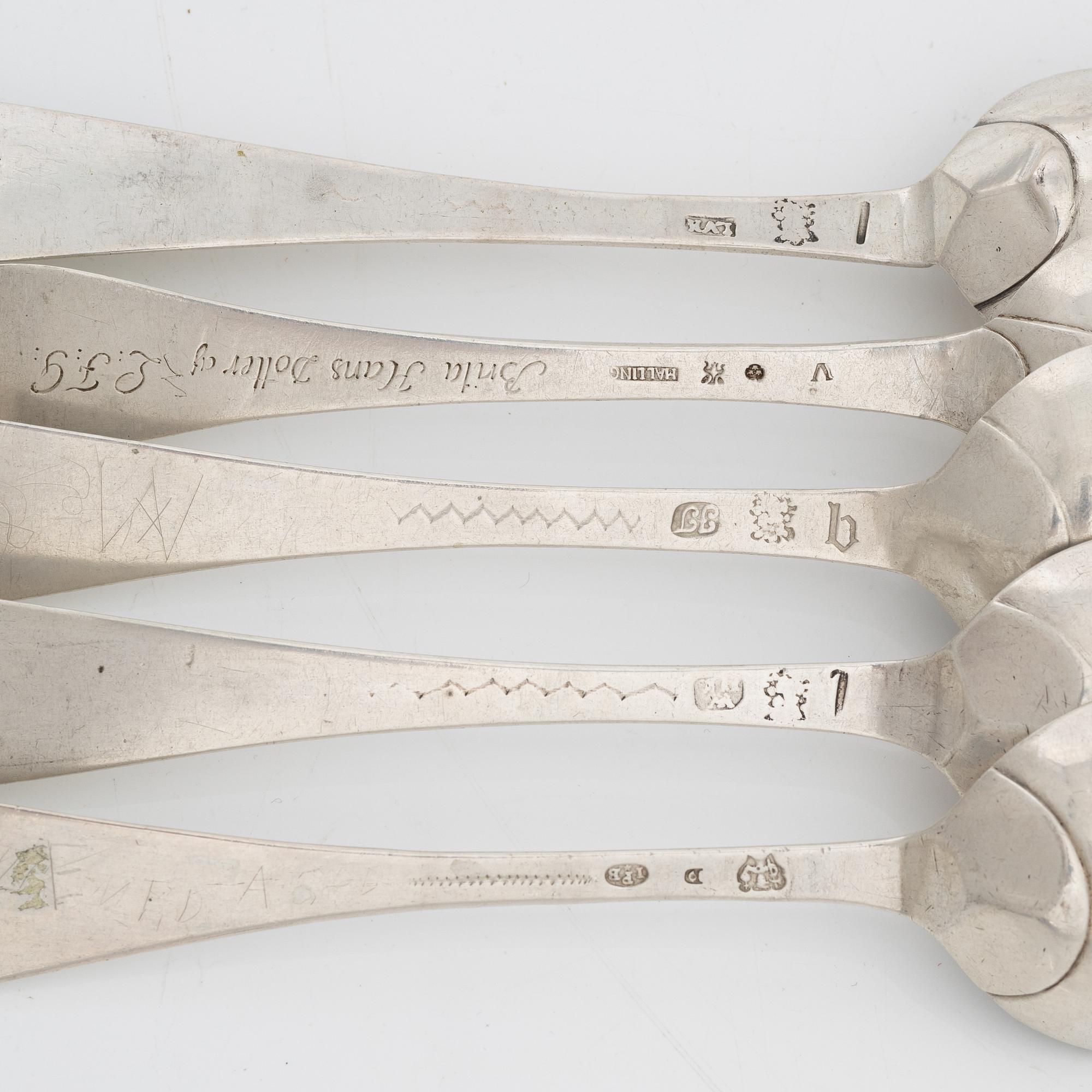 Five swedish silver spoons, 18th century.