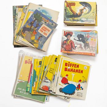Comic books and fairy tales, a collection including "Lasso", "Biffen & Bananen" and Alga's children's books.