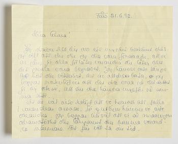 LETTER from Ingmar Bergman to his daughter Anna in London, dated Fårö 21.6.(19)92. Envelope enclosed.