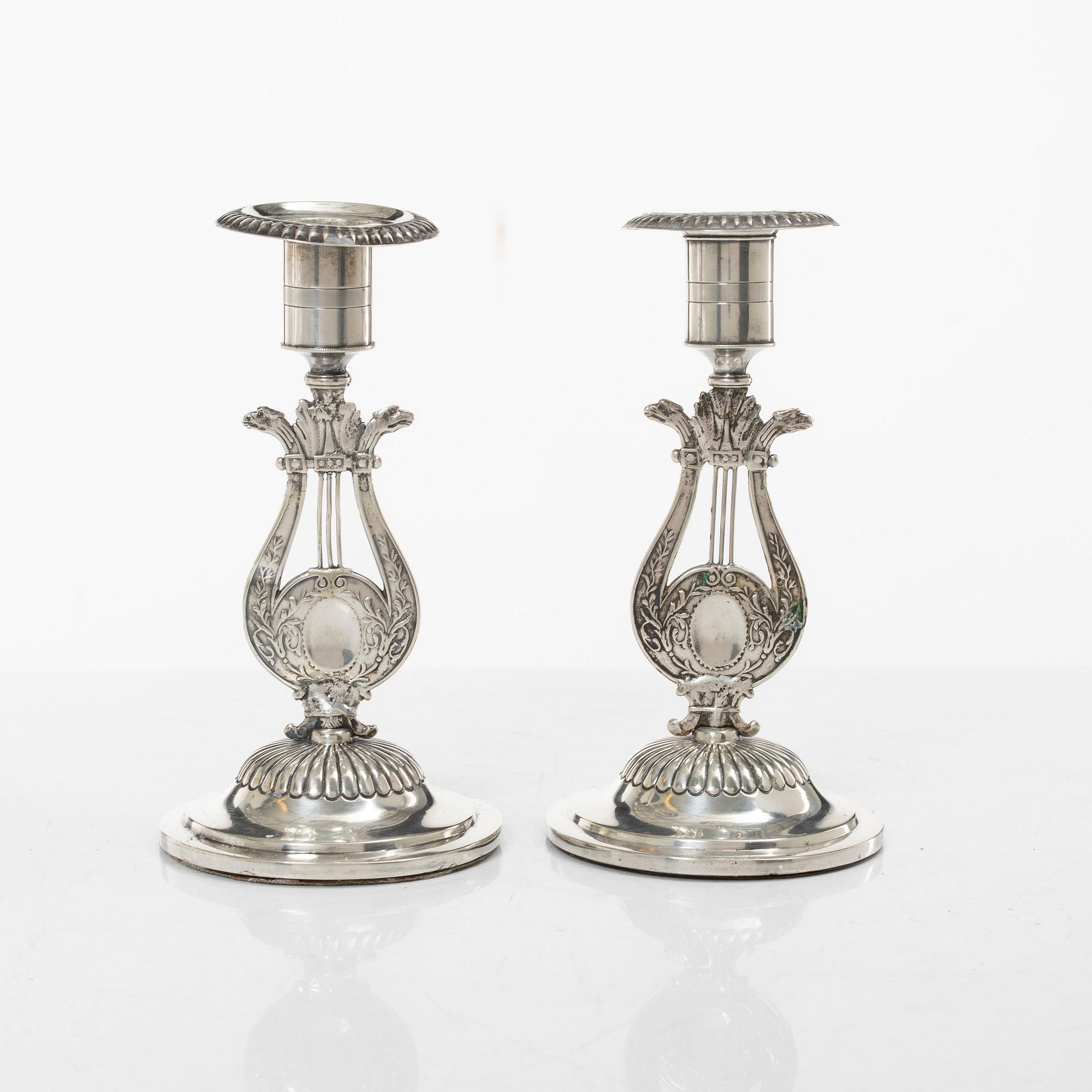 Empire, A pair of Swedish silver candlesticks, mark of Otto Wilhelm Kjellberg,  Västerås 1838.