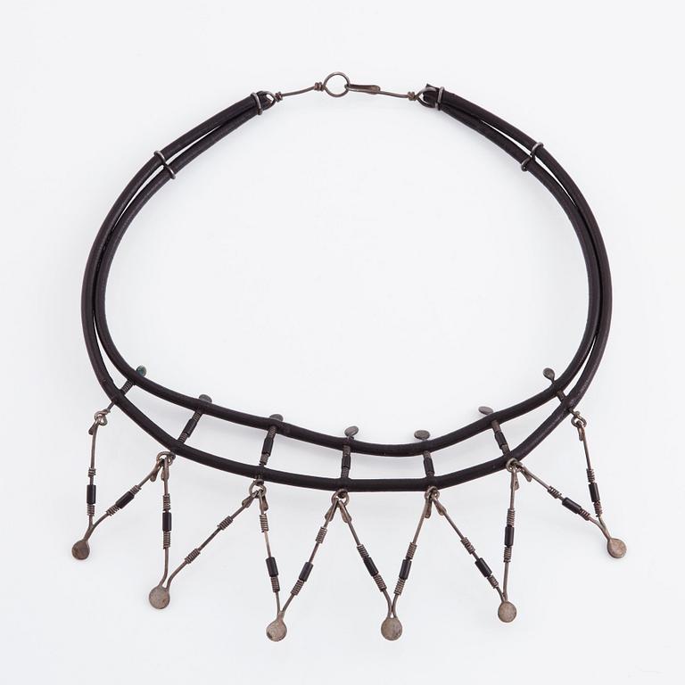 Vivianna Torun Bülow-Hübe, a leather and silver necklace and a pair earrings, studio work Stockholm ca 1950-55.