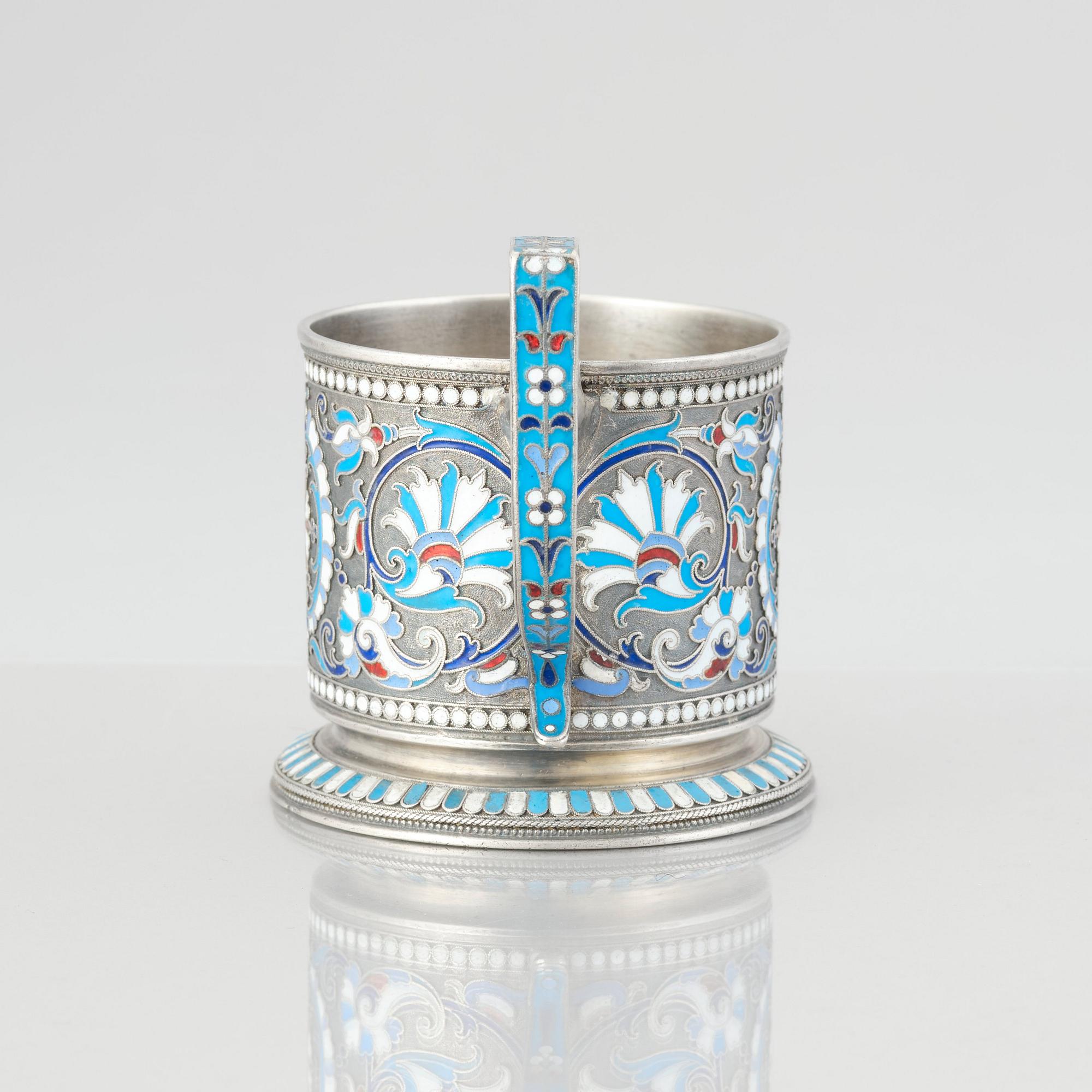 A Russian silver and enamel tea-glass holder, Moscow 1899-1908. Possibly Vasily Agafonov.
