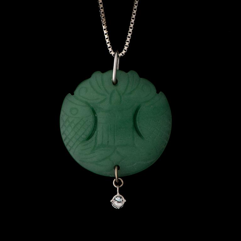 RIIPUS, jade, briljanttihiottu timantti, 14K valkokultaa.
