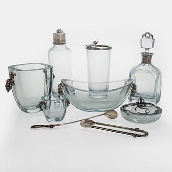Aage Weimar, cocktail and serving set, 7 pieces, sterling silver and glass, Denmark mid-20th century.