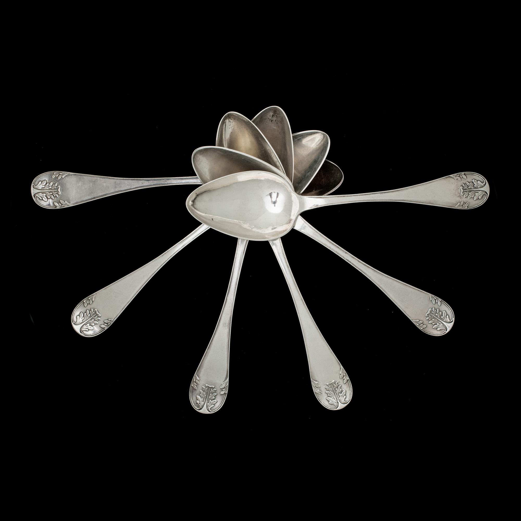 SKEDAR, 6 st, silver, Petter Wigren, Malmö.1822-1853. Vikt ca 314 g.