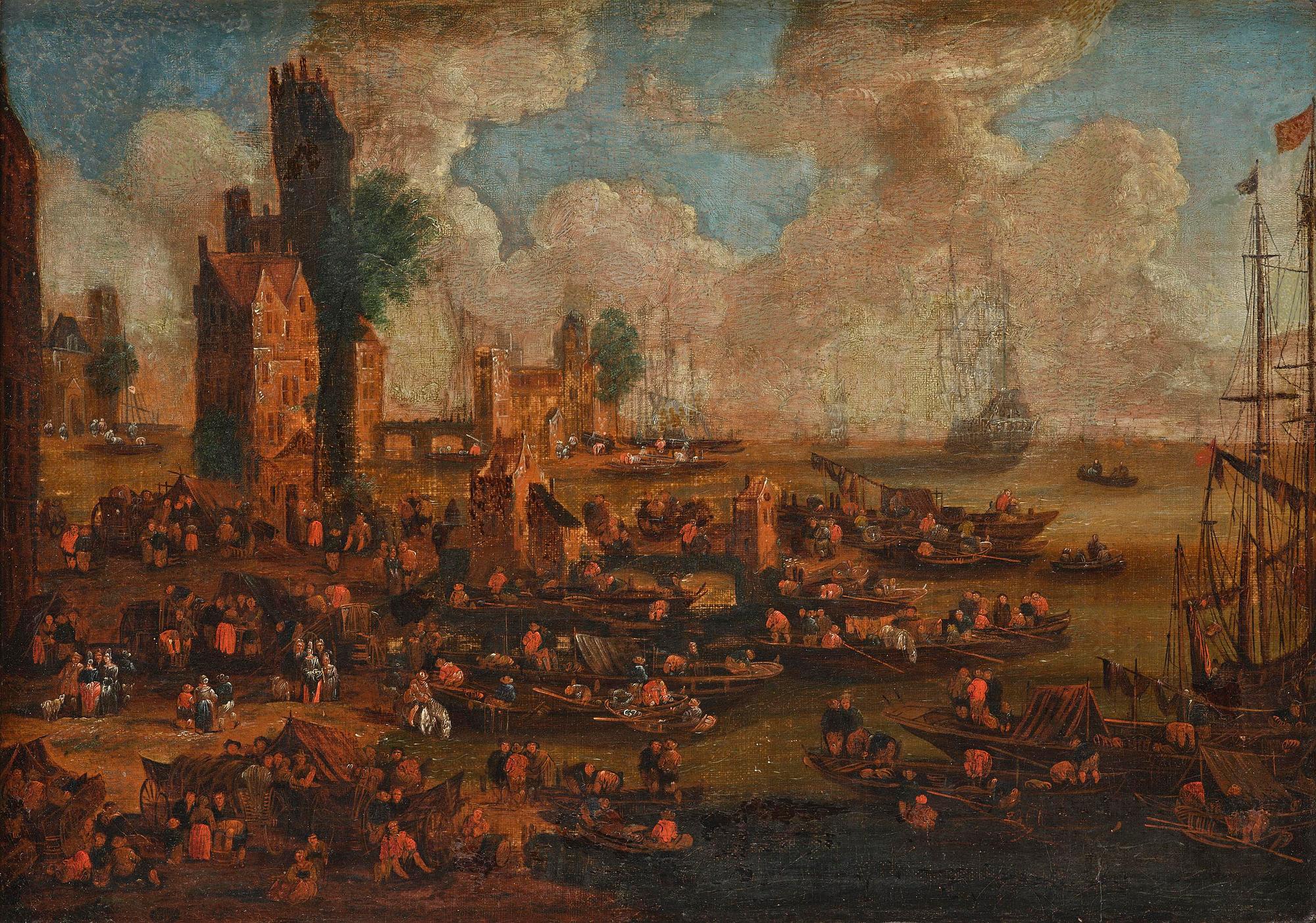 Adrian Frans Boudewijns, hans krets, Hamnscen med rikt figurstaffage.