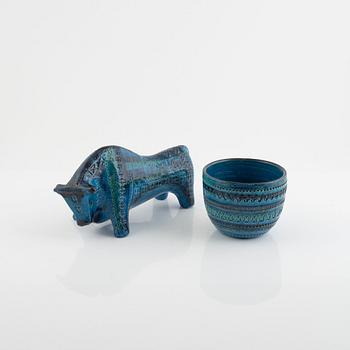 Aldo Londi, 2 pieces stoneware, bowl and figurine, "Rimini Blu", Bitossi, Italy.