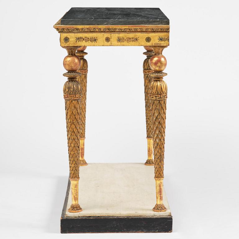 A late Gustavian giltwood console table in the manner of Jonas Frisk, Stockholm, circa 1800.