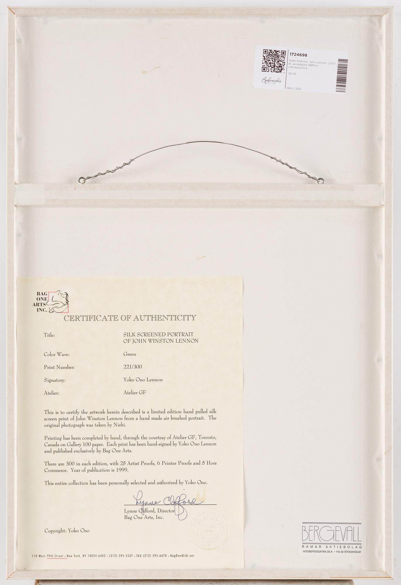 Yoko Ono, "Silk screened potrait of John Winston Lennon".