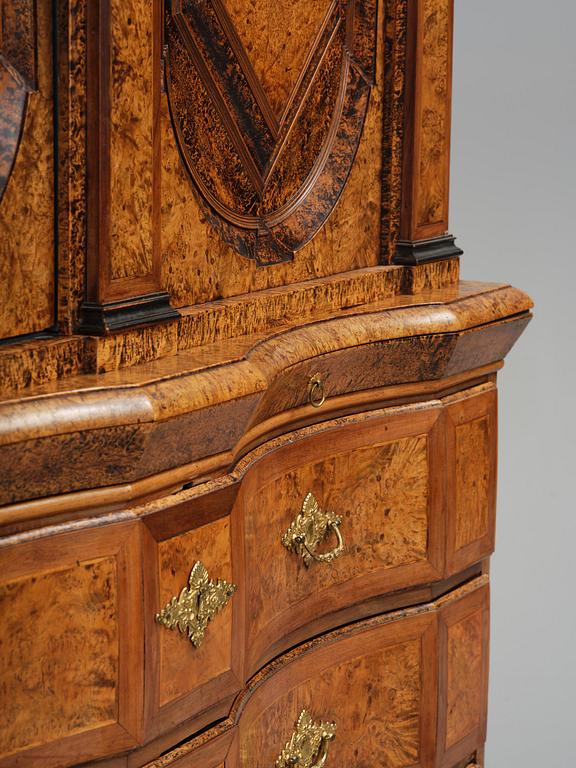 A Swedish late baroque burr-alder cabinet, first part 18th century.