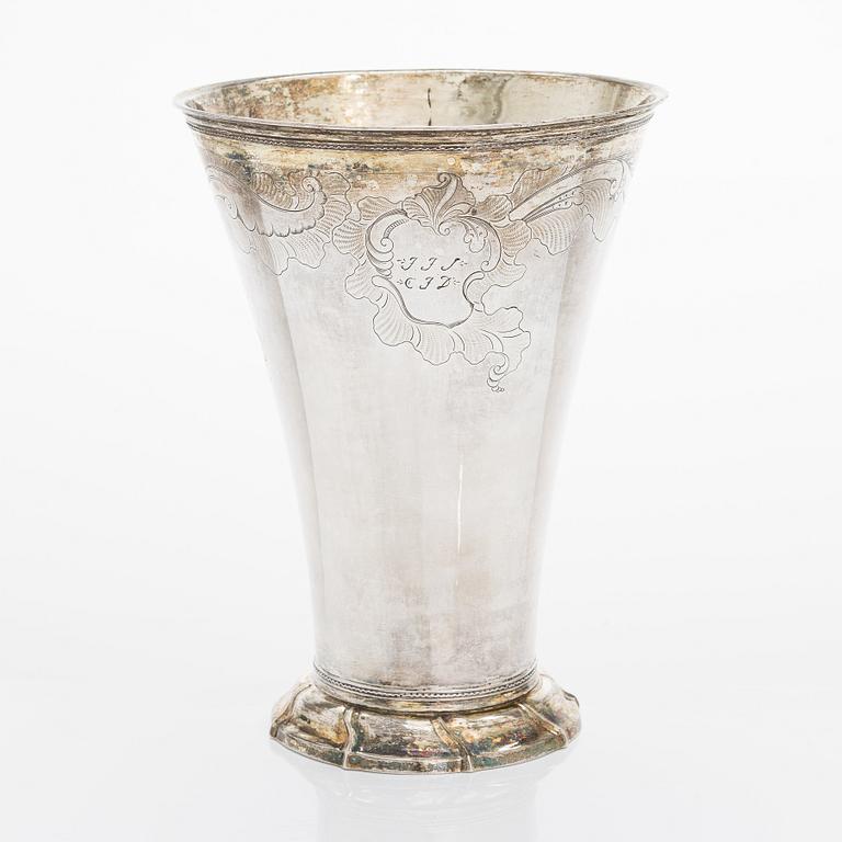 A Swedish parcel-gilt silver wedding-beaker, maker's mark of Petter Åkerman, Stockholm 1760.