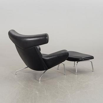 HANS J WEGNER, "Ox chair" lounge chair and stool.