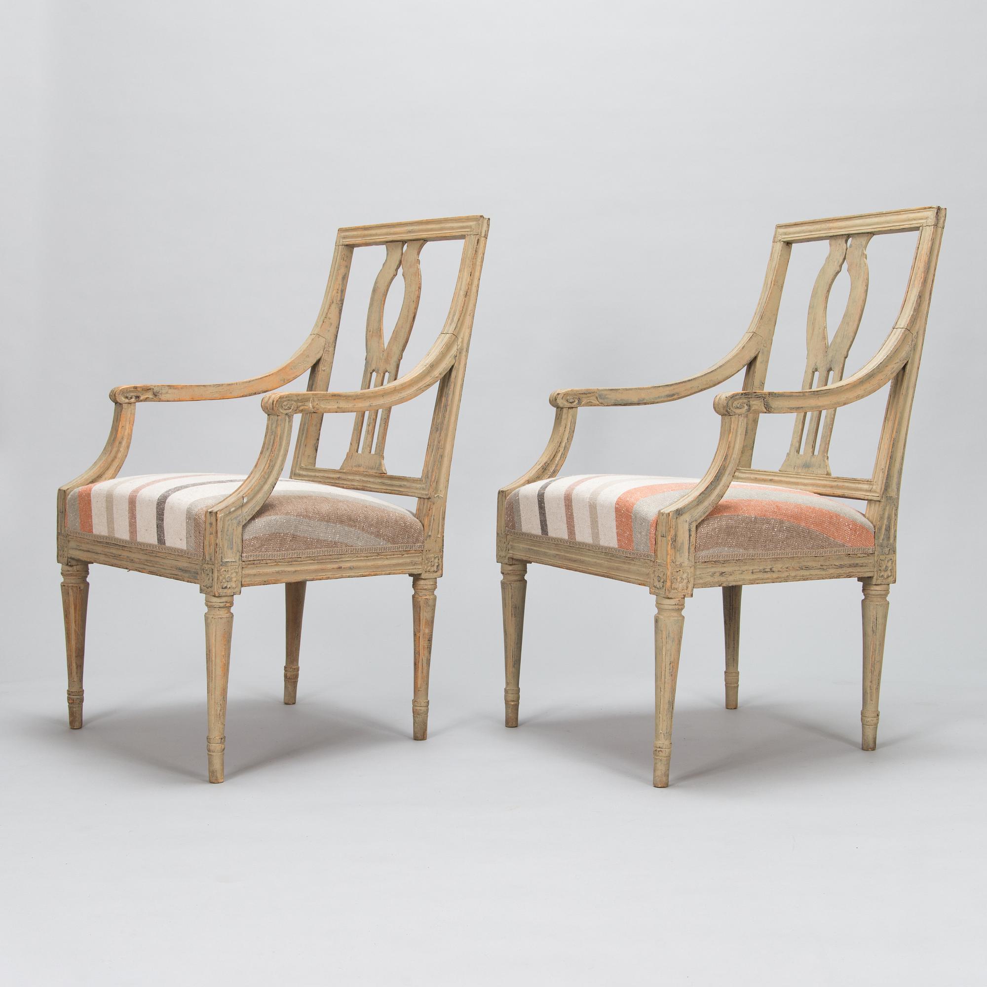 A pair of Swedish Gustavian armchairs, early 19th century.