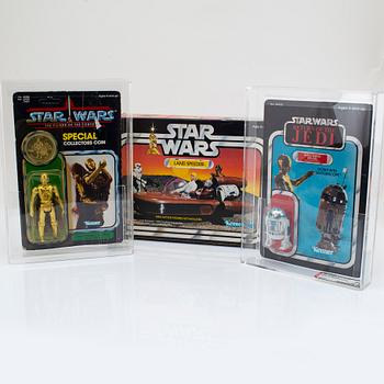 STAR WARS, Artoo-Detoo (R2-D2) ROTJ 65 back-b AFA 75 EX+/NM, See-Threepio(C3PO) POTF & Land Speeder, Kenner 1977-1984.