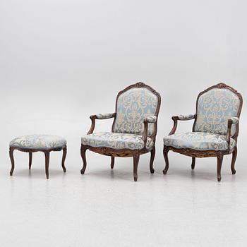 Armchairs, a pair, and a stool, Rococo style and Rococo, circa 1900 and 18th century.