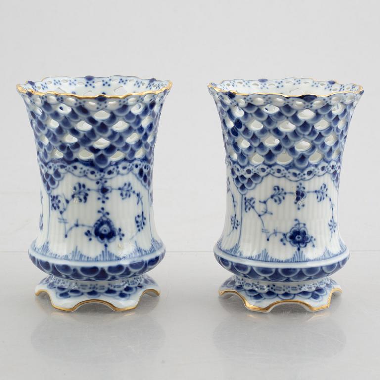 A group of three 'Blue fluted full lace' / 'Musselmalet' dishes and a pair of vases, Royal Copenhagen, 20th century.