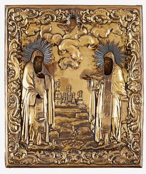 948. A Russian 19th century silver-gilt icon of St. Sergius and St. Herman of Valmo. St. Petersburg 1850.