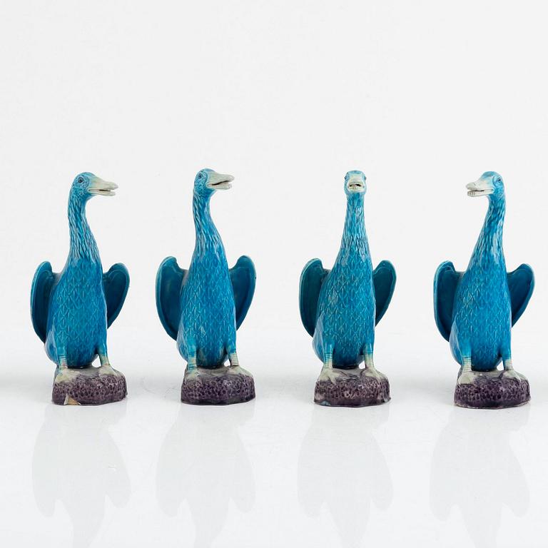 Four turquoise Chinese porcelain duck figurines, late Qing dynasty / around 1900.