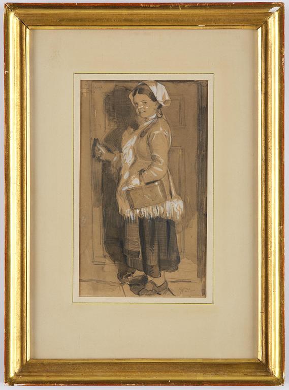 Anders Zorn, "Orsakulla vid dörr med korg på armen".