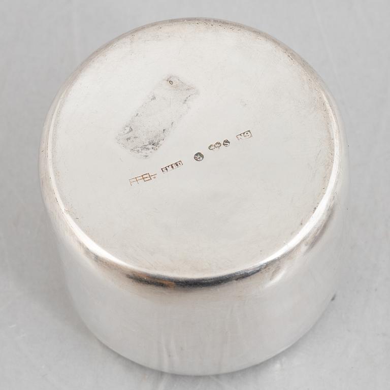 A silver and enamel box with lid and a small beaker, marks of Lars Arby, Gothenburg, Sweden 1963-1964.