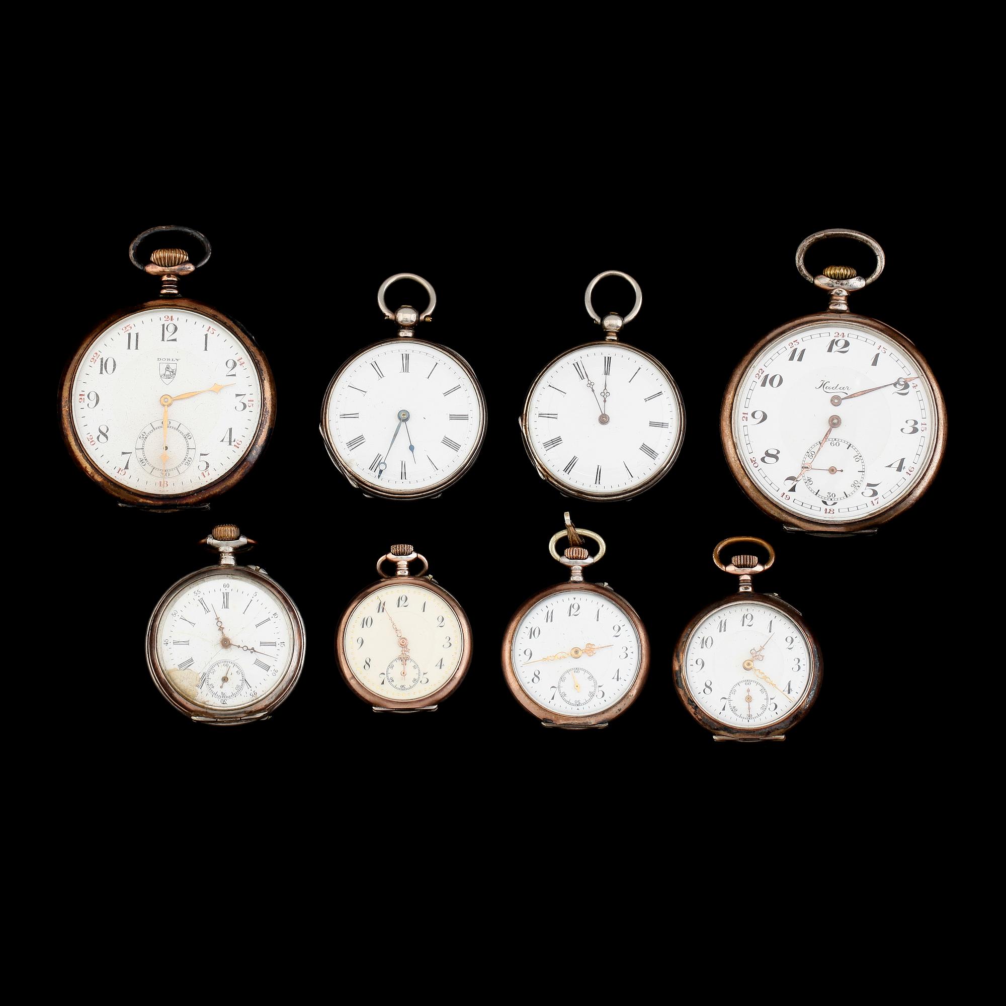 FICKUR, 8 st, varav 6 damur, silver och vitmetall, 1900-talets första hälft.