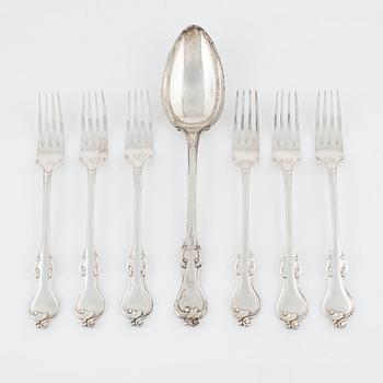 6 Swedish silver forks and a serving spoon, including Carl Tengstedt, Gothenburg, 1855.