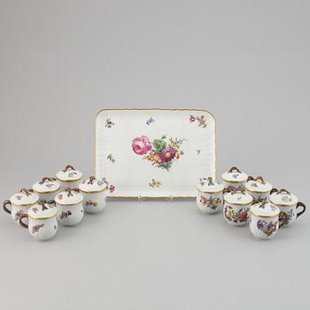 Twelve cream cups with tray, 'Saxon flowers' from Royal Copenhagen.
