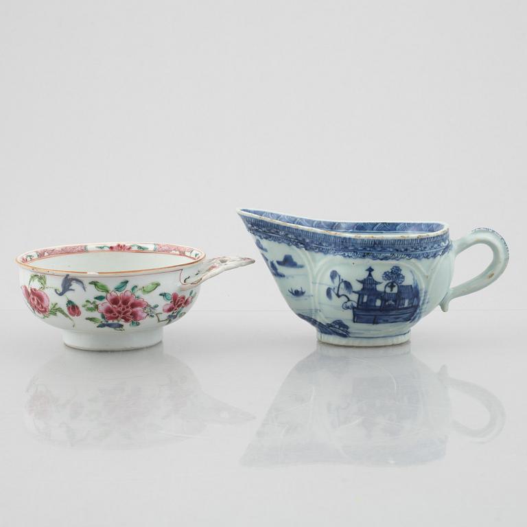 An export porcelain Famille Rose cup with handle and a blue and white sauce jug, China, Qing dynasty, 18th century.