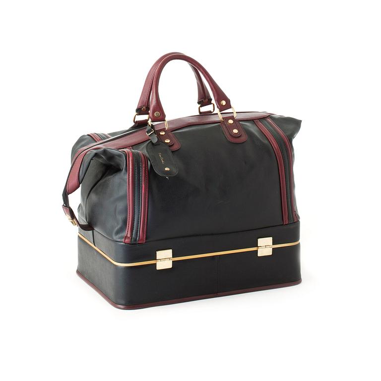 PIERRE CARDIN, a black and burgundy red travel bag.