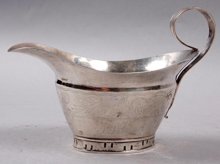 GRÄDDKANNA SAMT 2 DOSOR, silver, bla Holland, 1800-tal.