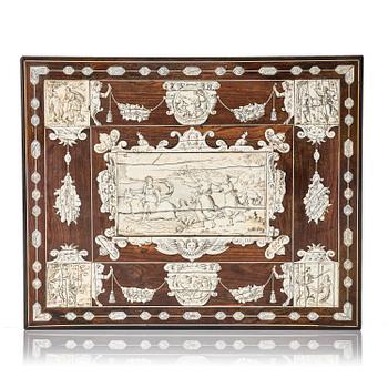 A Neopolitan ebony, rosewood and engraved ivory writing box from the circle of Iacopo Fiamengo, first part 17th century.