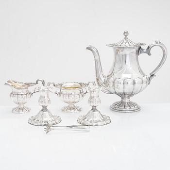 Silver sugar tongs, Herman Wist, Uusikirkko, Carelia 1928, a 3-piece coffee service, a candlestick pair, Finland 1950s.