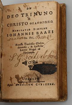 BOK, 3 st sambundna, bla "De Deo Trinuno & Christo..." av Johannes Baazius, Uppsala. 1600-tal.