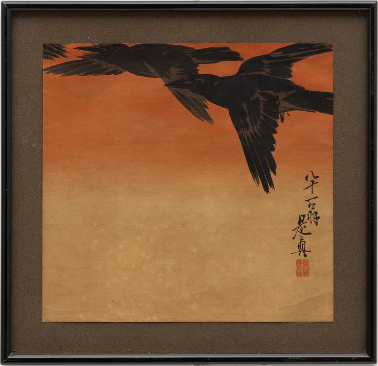 Shibata Zeshin, after, 'Three Crows Flying at Sunset'.