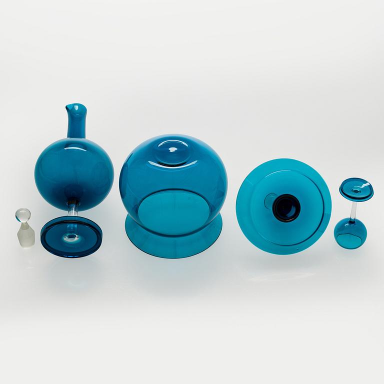 Nanny Still, a 'Harlequin' candy bowl, decanter, and set of five liqueur glasses, Riihimäen Lasi, Finland, 1960s.