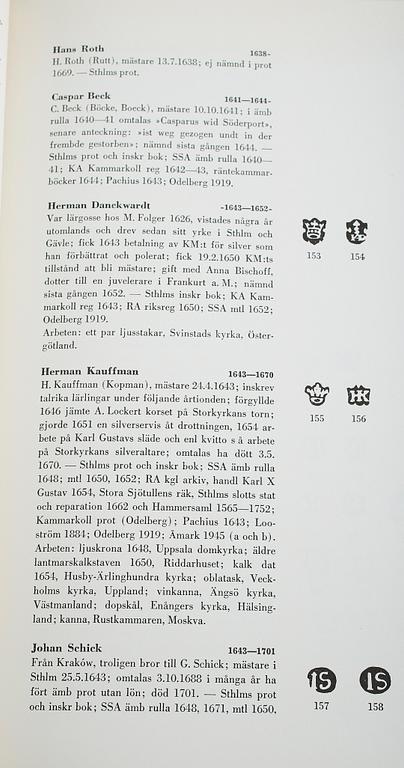 BOK, "Svenskt silversmide 1520-1850", av bl a Erik Andrén, Nordisk Rotogravyr, Stockholm, 1963.