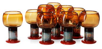 A set of ten Kaj Franck glass goblets, Nuutajärvi, Notsjö, Finland.