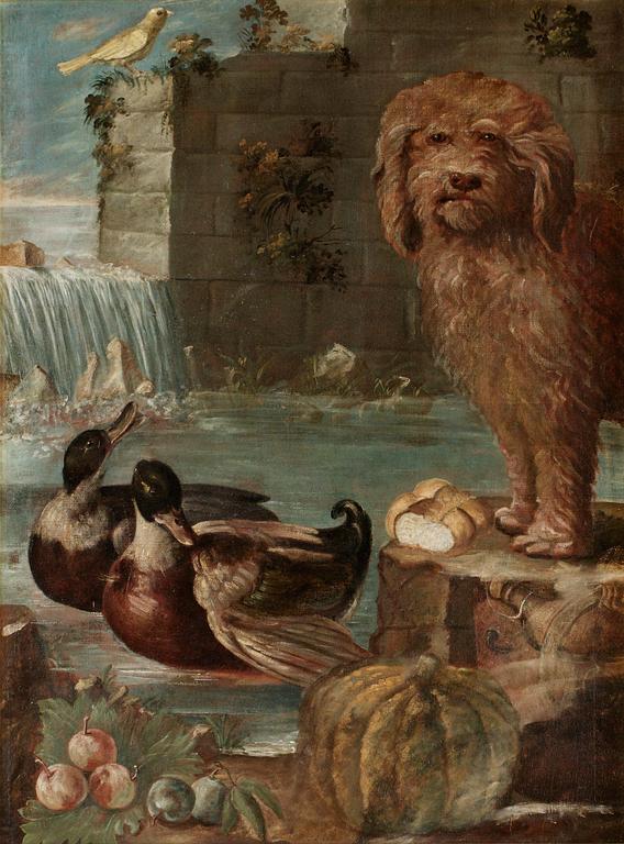 Landscape with a dog and ducks.
