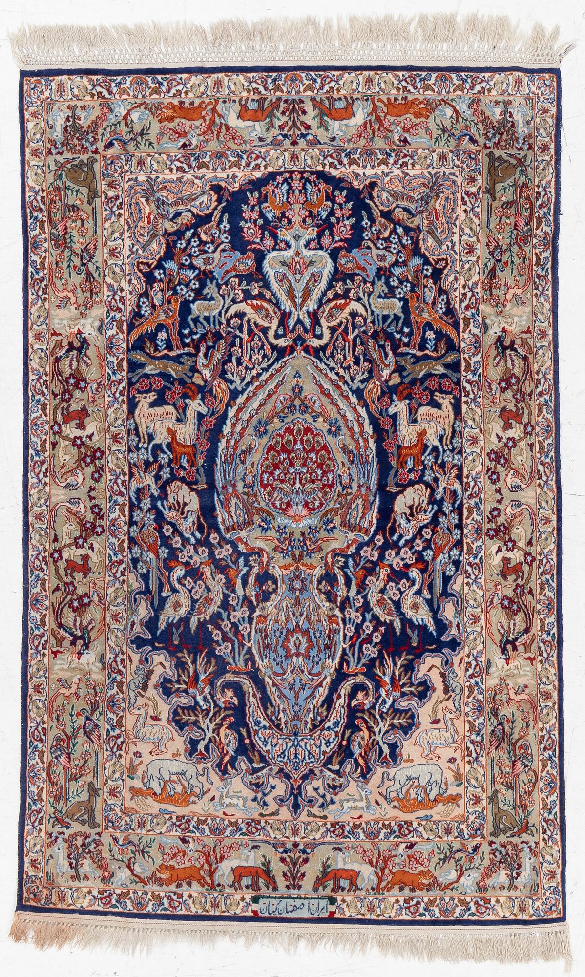 An oriental, figural, signed rug, c. 162 x 104 cm.