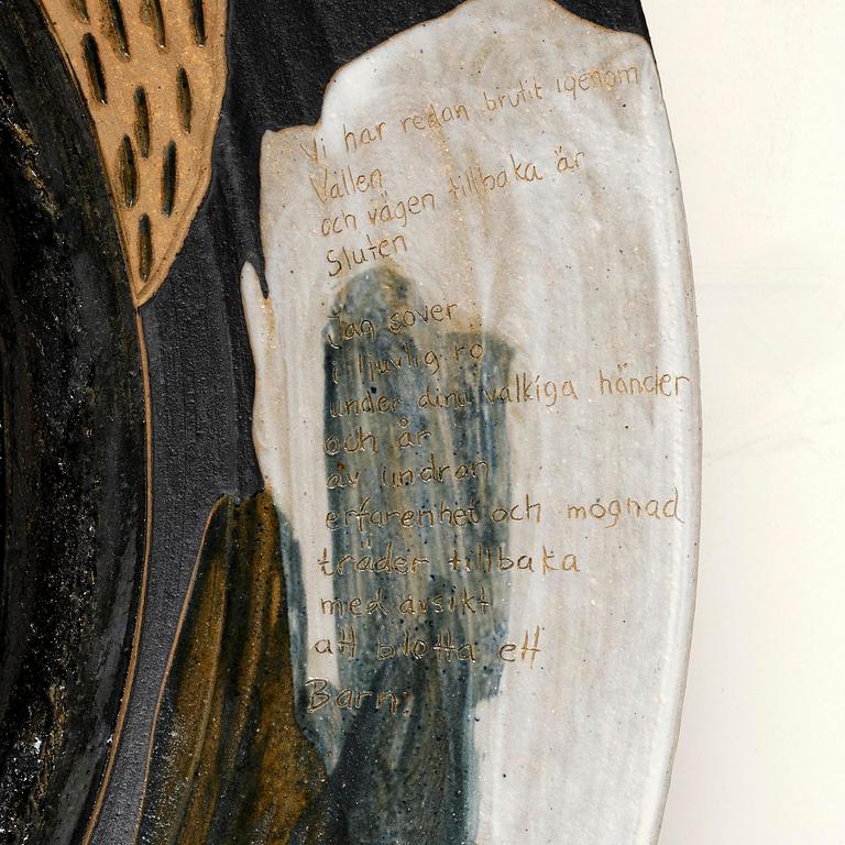 Eva Bengtsson, a large decorative chamotte stoneware dish, own studio, Frillesås, 1990s.