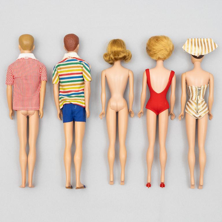 Barbiedockor, 5 st, bl a "Barbie Fashion Queen", "Midge", & "Ken", Mattel, 1960-tal.