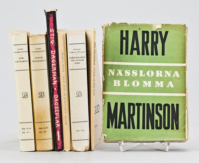 BOKPARTI, 7 delar, skönlitteratur, bla "Nässlorna blomma" av Harry Martinson, originalupplaga 1935.