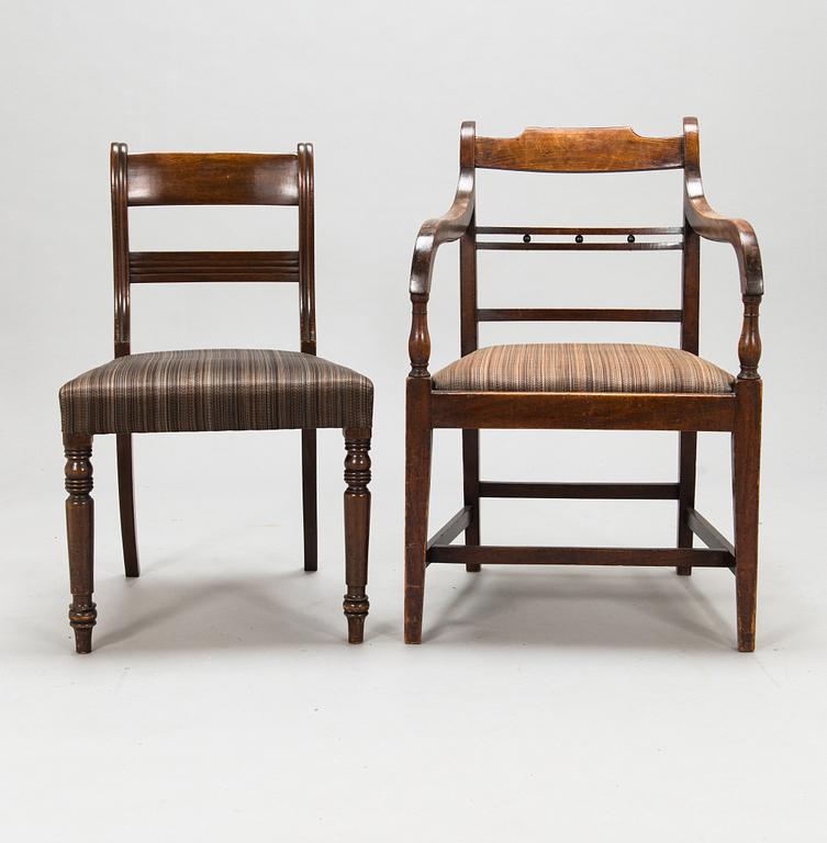 Matbord och 8 stolar, mahogny, tageltyg, England, 1900-talets första hälft.