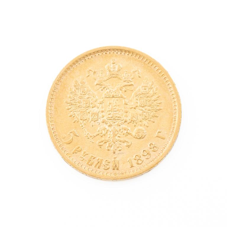 Gold coin, Nicholas II, Russia, 5 Rubles, 1898.